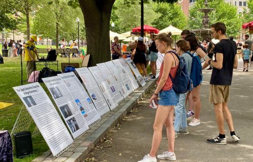 To mark the 23rd anniversary of the Chinese Communist government’s brutal persecution of Falun Gong and to raise awareness, practitioners from across New England gathered to hold an anti-persecution rally, poster exhibit, and group exercises.