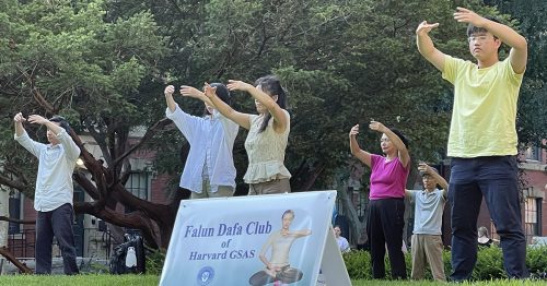 People were doing Falun Dafa exercises at the front of the Memorial Church, Harvard Yard