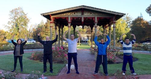 People were doing Falun Dafa exercises at the Rose Garden, Rogue Williams Park in Rhode Island