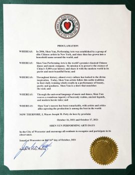 Proclamation from Worcester, MA honoring Shen Yun